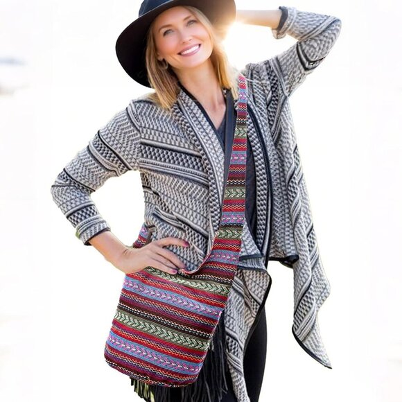 Women's Cotton Canvas Large Crossbody Hobo Bag with Zipper and Multiple Pockets - Picture 2 of 9